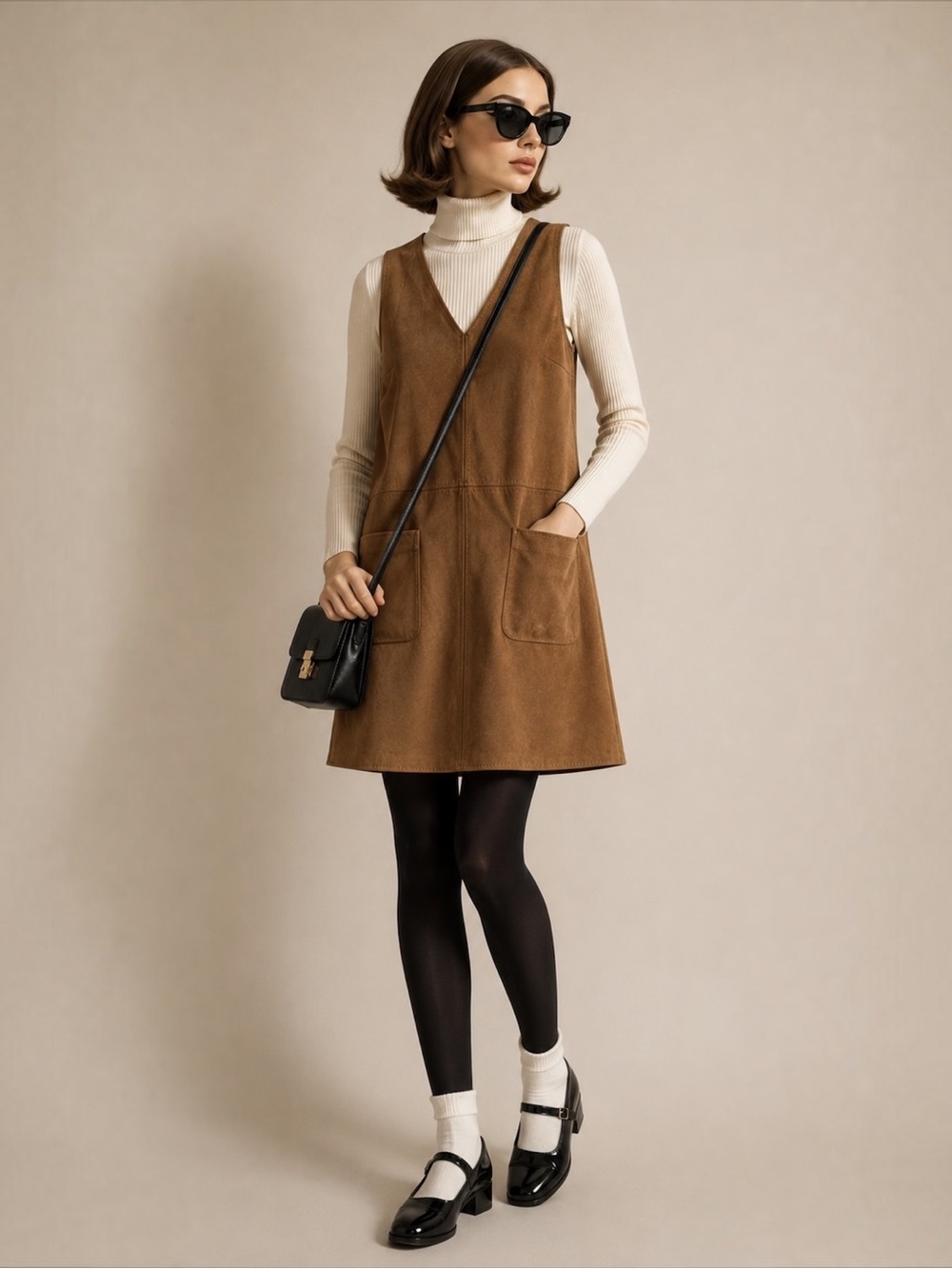 Max Studio Ultra-suede Jumper | Vicuña Brown | Mod 60s A-Line Pinafore Pockets